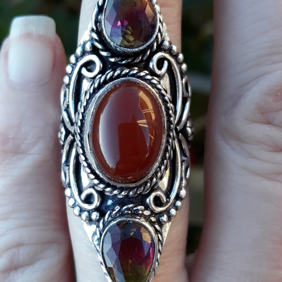 New Amazing Carnelian & Bi-Color Tourmaline 925 Silver Statement Ring. - Picture 3 of 8